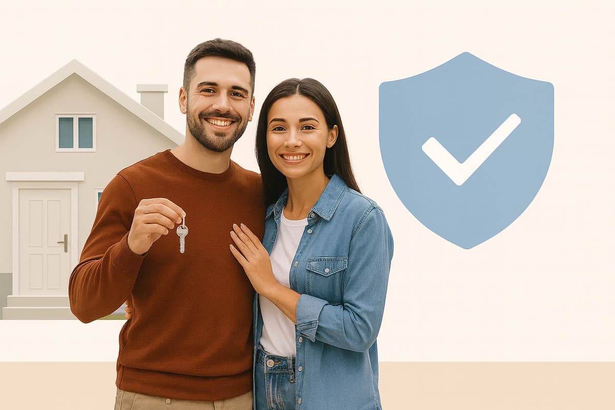 Spokojený pár s klíči od nového domova a symbolem ochrany HomeProof
