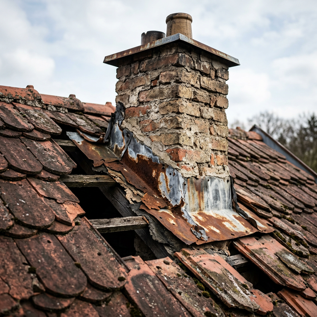 Poškozené tašky a oplechování u komínu